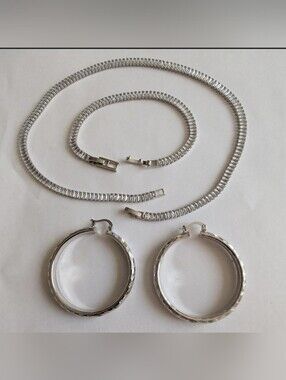 Silver Necklace And Bracelet Set Added Hoop Earrings